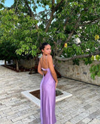 A Line Straps Backless Party Dresses Long Lilac Formal Prom Dresses