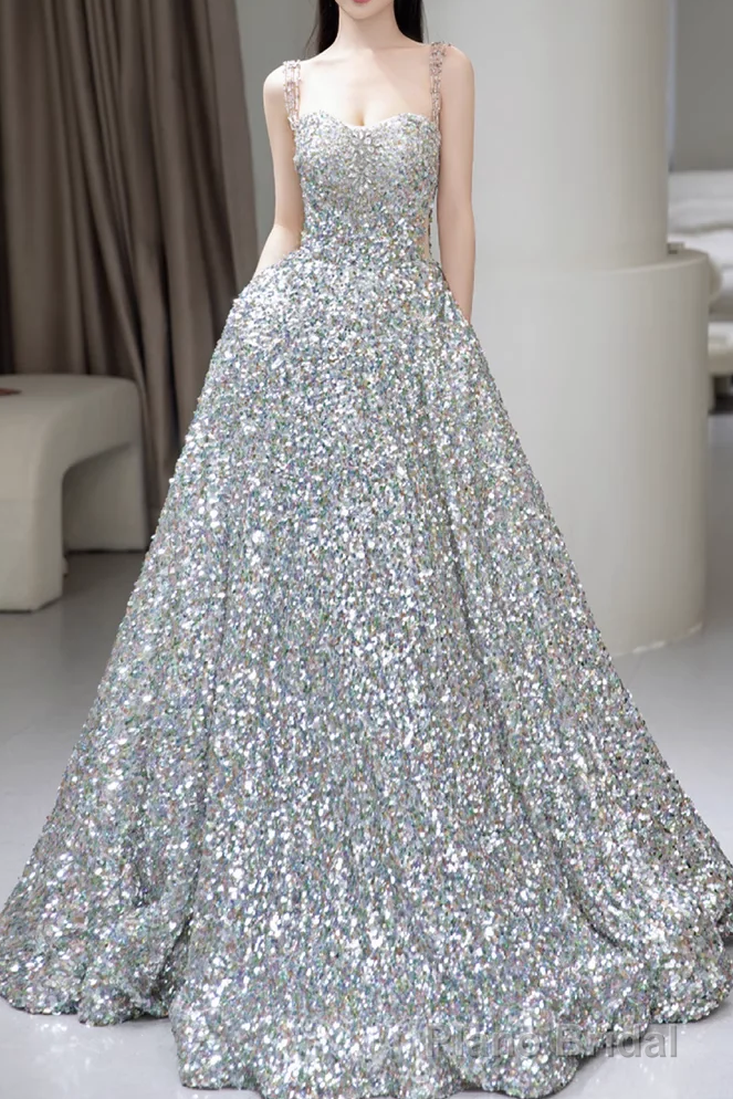 A line Straps Evening Party Dress Sequin Long Prom Dress Main image