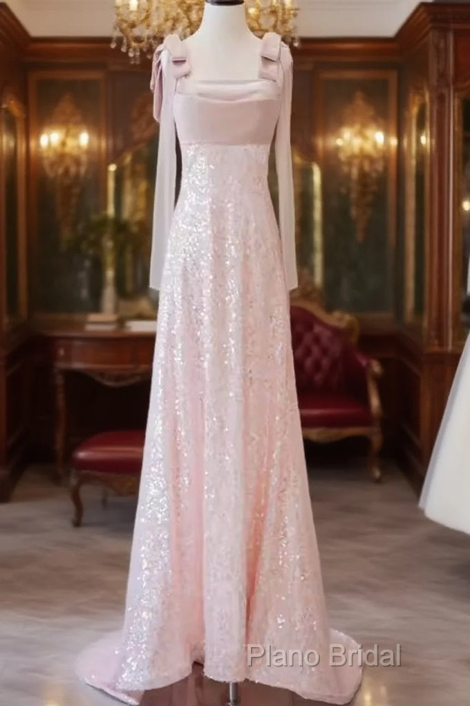A Line Straps Pink Satin Long Formal Prom Dresses Main image