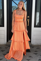 A-Line Straps Scoop Layered Satin Sleeveless Formal Prom Dresses With Slit