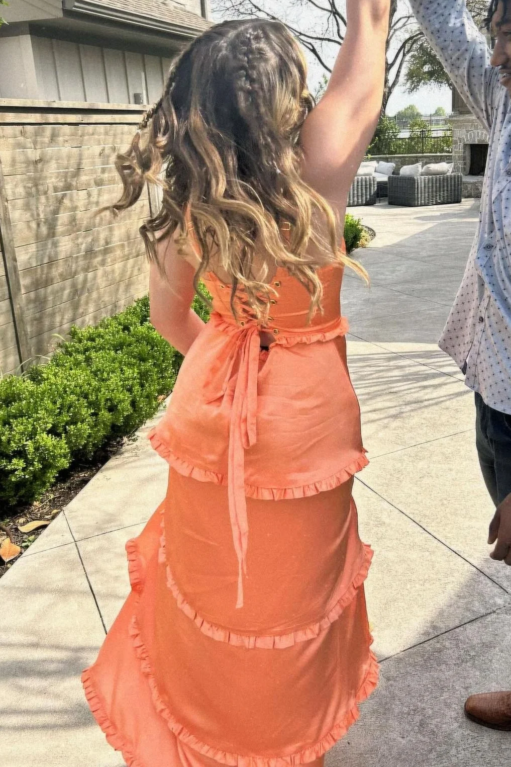 A-Line Straps Scoop Layered Satin Sleeveless Formal Prom Dresses With Slit