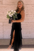 A-Line Straps Scoop Layered Satin Sleeveless Formal Prom Dresses With Slit