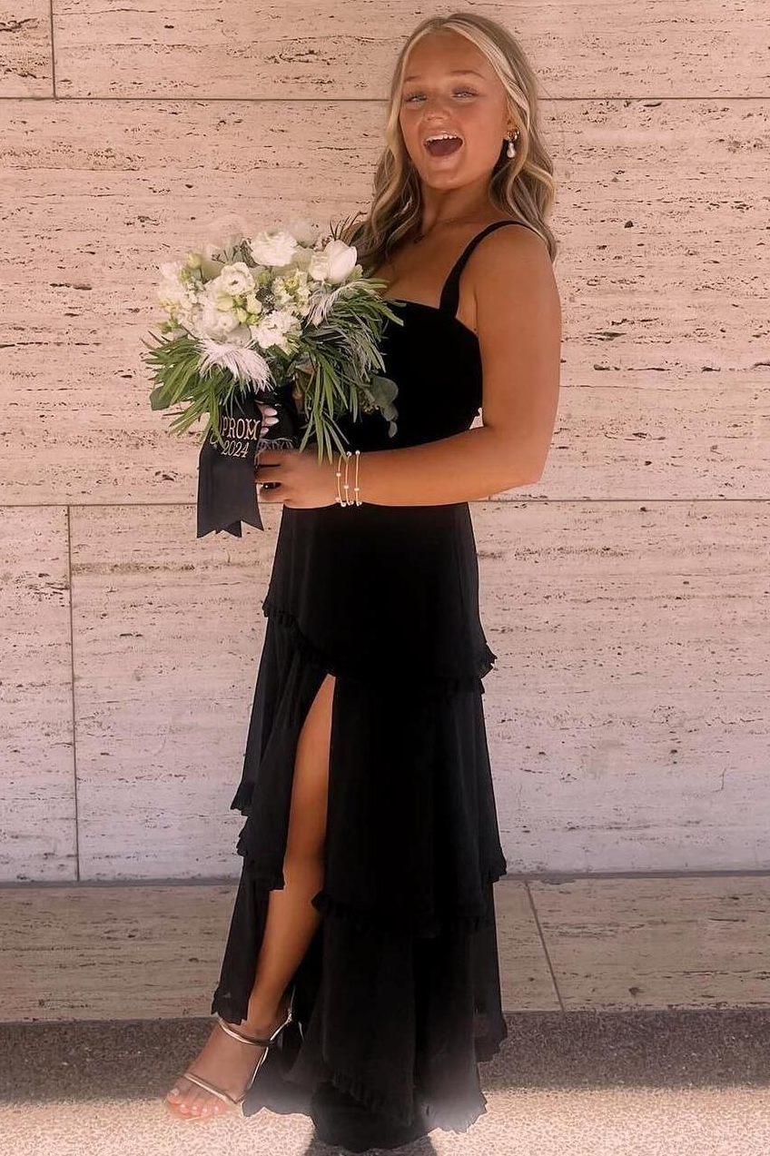 A-Line Straps Scoop Layered Satin Sleeveless Formal Prom Dresses With Slit