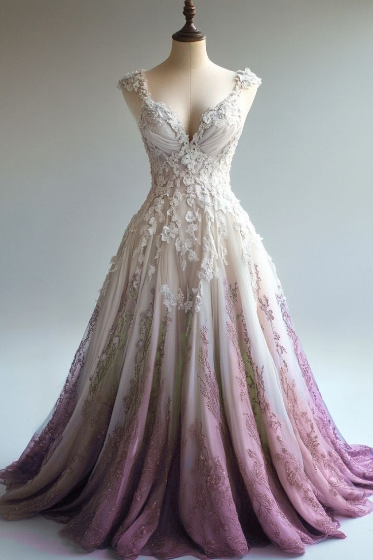 A-Line Straps Tulle Beaded Long Formal Prom Dresses Applique Sweetheart Neck Formal Evening Gown