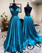 A Line Stretch Satin Emerald Green Formal Prom Dresses Spaghetti Straps V Neck Dresses