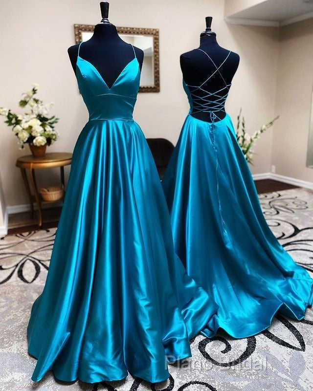 A Line Stretch Satin Emerald Green Formal Prom Dresses Spaghetti Straps V Neck Dresses Secondary image