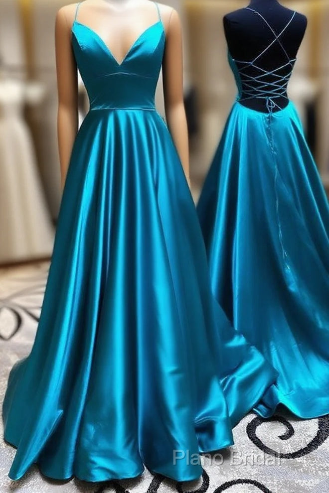 A Line Stretch Satin Emerald Green Formal Prom Dresses Spaghetti Straps V Neck Dresses Main image