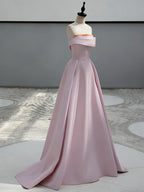 A-Line Sweep Train Satin Dark Pink Long Formal Prom Dresses