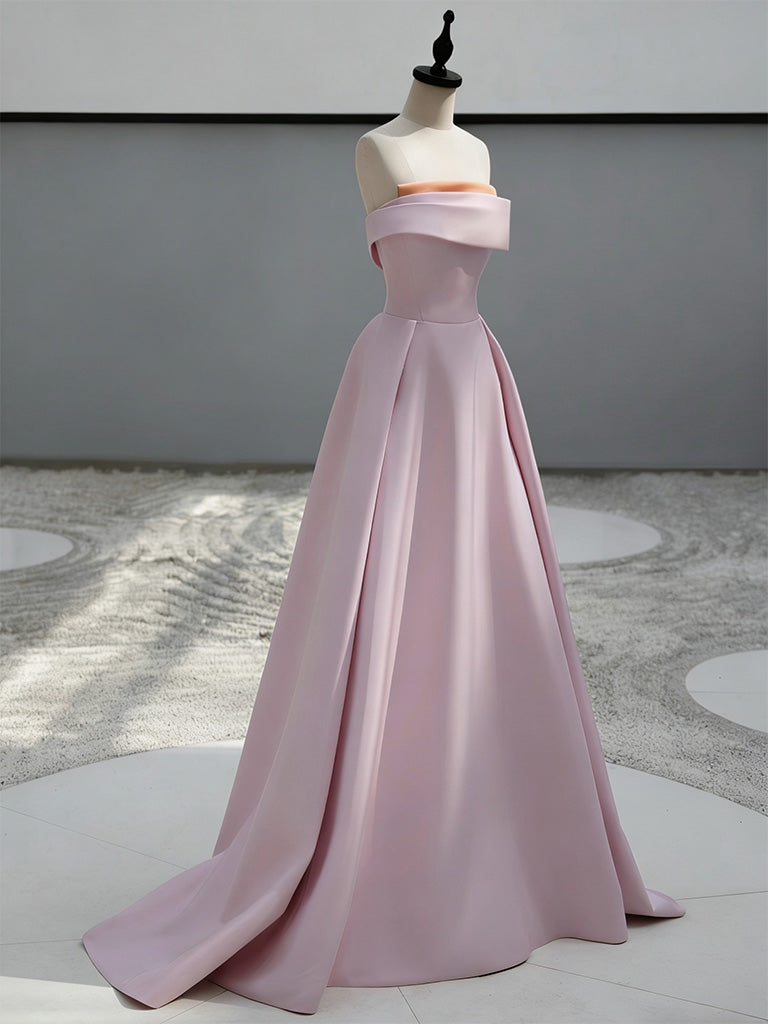 A-Line Sweep Train Satin Dark Pink Long Formal Prom Dresses