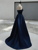 A-Line Sweep Train Satin Dark Pink Long Formal Prom Dresses