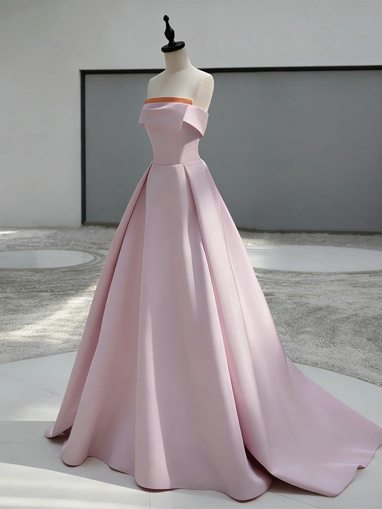 A-Line Sweep Train Satin Dark Pink Long Formal Prom Dresses