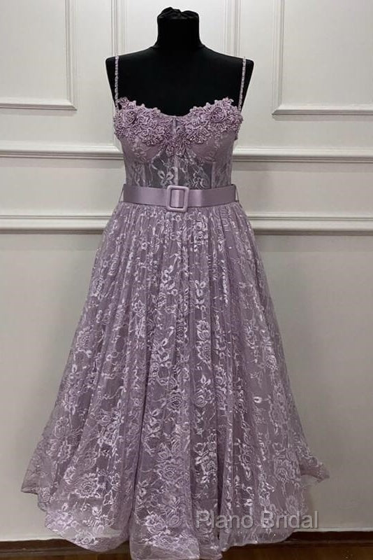 A-Line Sweetheart Corset Midi Lace Dresses