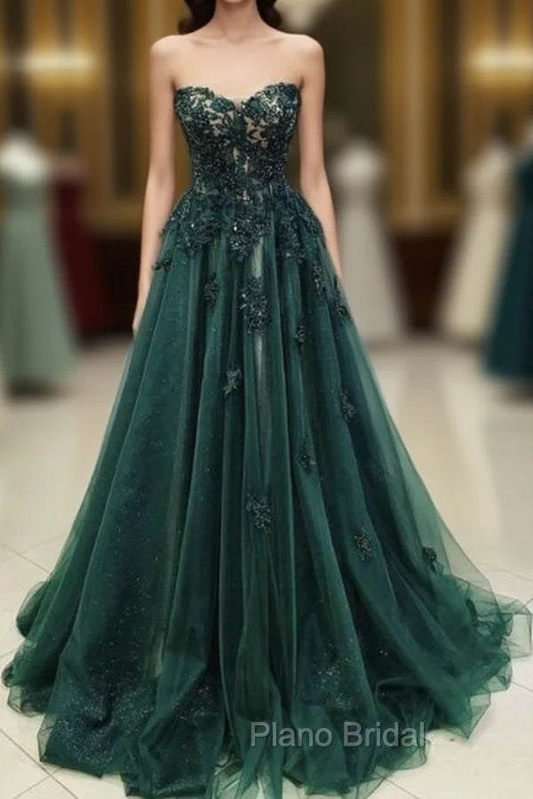 A Line Sweetheart Green Lace Long Formal Prom Dresses Main image