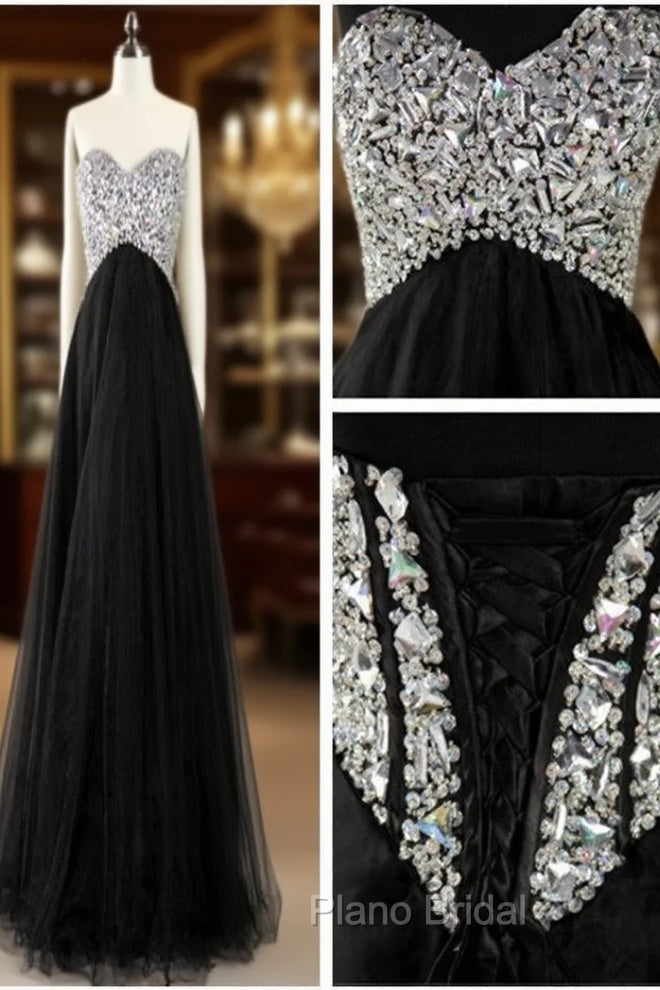 A Line Sweetheart Neck Black Floor Length Long Formal Prom Dresses, Black Formal Dresses Main image