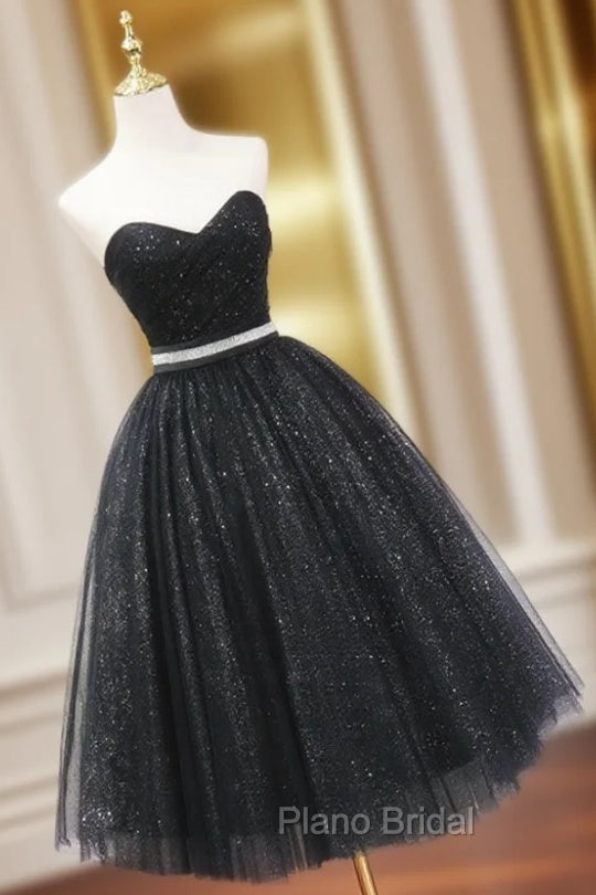 A-Line Sweetheart Neck Black Short Formal Prom Dresses, Black Formal Evening Dresses Main image
