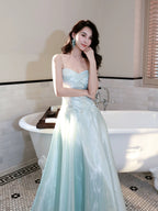 A-Line Sweetheart Neck Blue Long Formal Prom Dresses