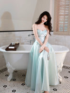 A-Line Sweetheart Neck Blue Long Formal Prom Dresses