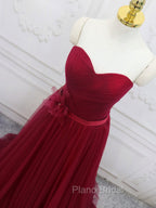 A-Line Sweetheart Neck Burgundy Long Formal Prom Dresses, Burgundy Bridesmaid Dresses
