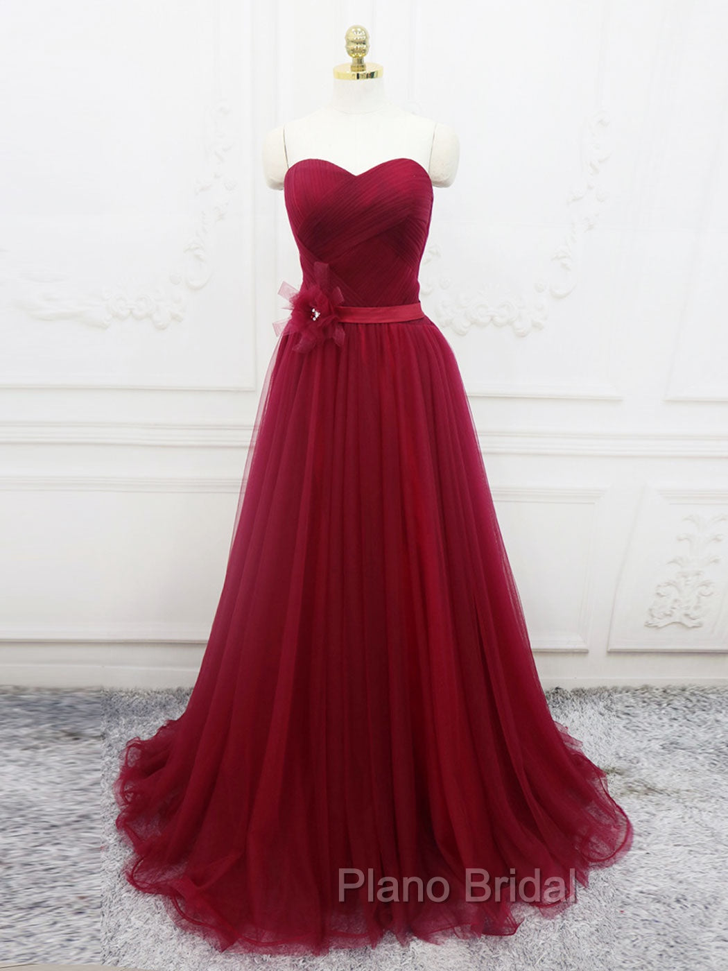 A-Line Sweetheart Neck Burgundy Long Formal Prom Dresses, Burgundy Bridesmaid Dresses Main image
