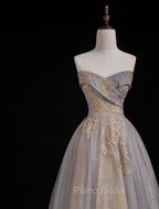 A Line Sweetheart Neck Gray Blue Long Formal Prom Dresses, Gray Court Train Blue Formal Gowns