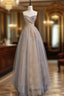 A Line Sweetheart Neck Gray Blue Long Formal Prom Dresses, Gray Court Train Blue Formal Gowns