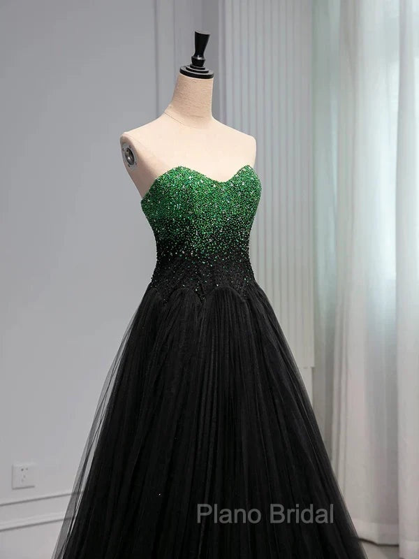A Line Sweetheart Neck Green Beads Black Tulle Long Formal Prom Dresses Evening Dresses Secondary image