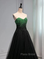 A Line Sweetheart Neck Green Beads Black Tulle Long Formal Prom Dresses Evening Dresses