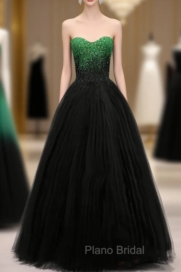 A Line Sweetheart Neck Green Beads Black Tulle Long Formal Prom Dresses Evening Dresses Main image