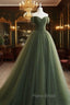 A-Line Sweetheart Neck Green Long Formal Prom Dresses, Sweep Train Green Formal Dresses