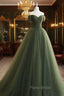A-Line Sweetheart Neck Green Long Formal Prom Dresses, Sweep Train Green Formal Dresses