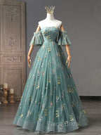 A-Line Sweetheart Neck Green Long Formal Prom Dresses, Green Lace Formal Dresses