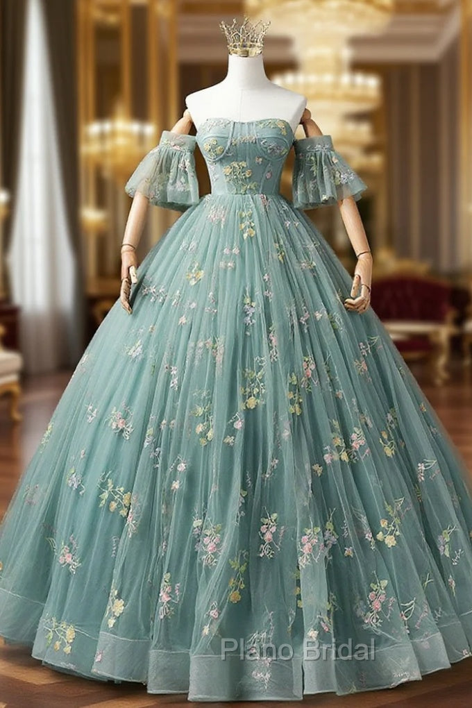 A-Line Sweetheart Neck Green Long Formal Prom Dresses, Green Lace Formal Dresses Main image