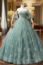 A-Line Sweetheart Neck Green Long Formal Prom Dresses, Green Lace Formal Dresses