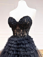A-Line Sweetheart Neck Lace Black Long Formal Prom Dresses, Black Formal Dresses