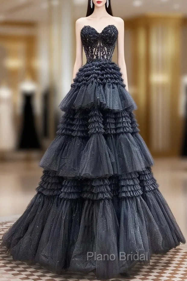 A-Line Sweetheart Neck Lace Black Long Formal Prom Dresses, Black Formal Dresses Main image