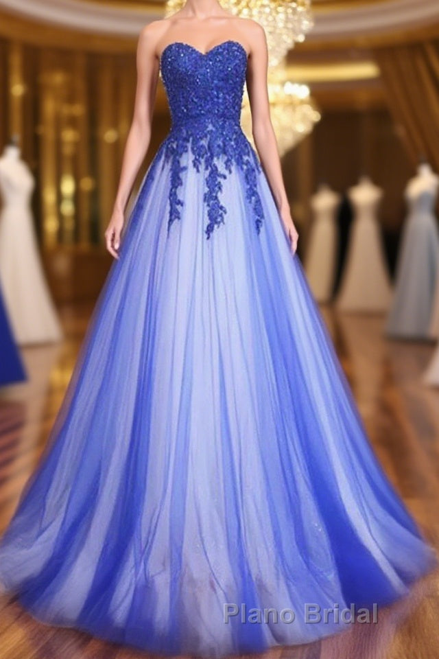 A Line Sweetheart Neck Lace Tulle Blue Long Formal Prom Dresses, Blue Formal Dresses, Blue Lace Evening Dresses Main image
