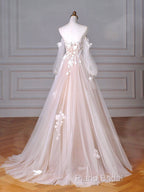 A-Line Sweetheart Neck Long Sleeve Lace Tulle Light Champagne Long Formal Prom Dresses