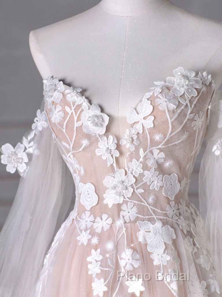 A-Line Sweetheart Neck Long Sleeve Lace Tulle Light Champagne Long Formal Prom Dresses