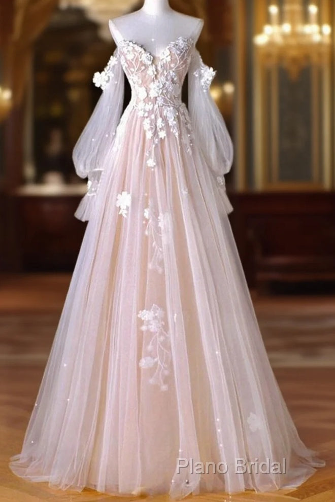 A-Line Sweetheart Neck Long Sleeve Lace Tulle Light Champagne Long Formal Prom Dresses Main image