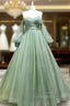 A Line Sweetheart Neck Long Sleeves Green Tulle Long Formal Prom Dresses, Long Green Formal Evening Dresses