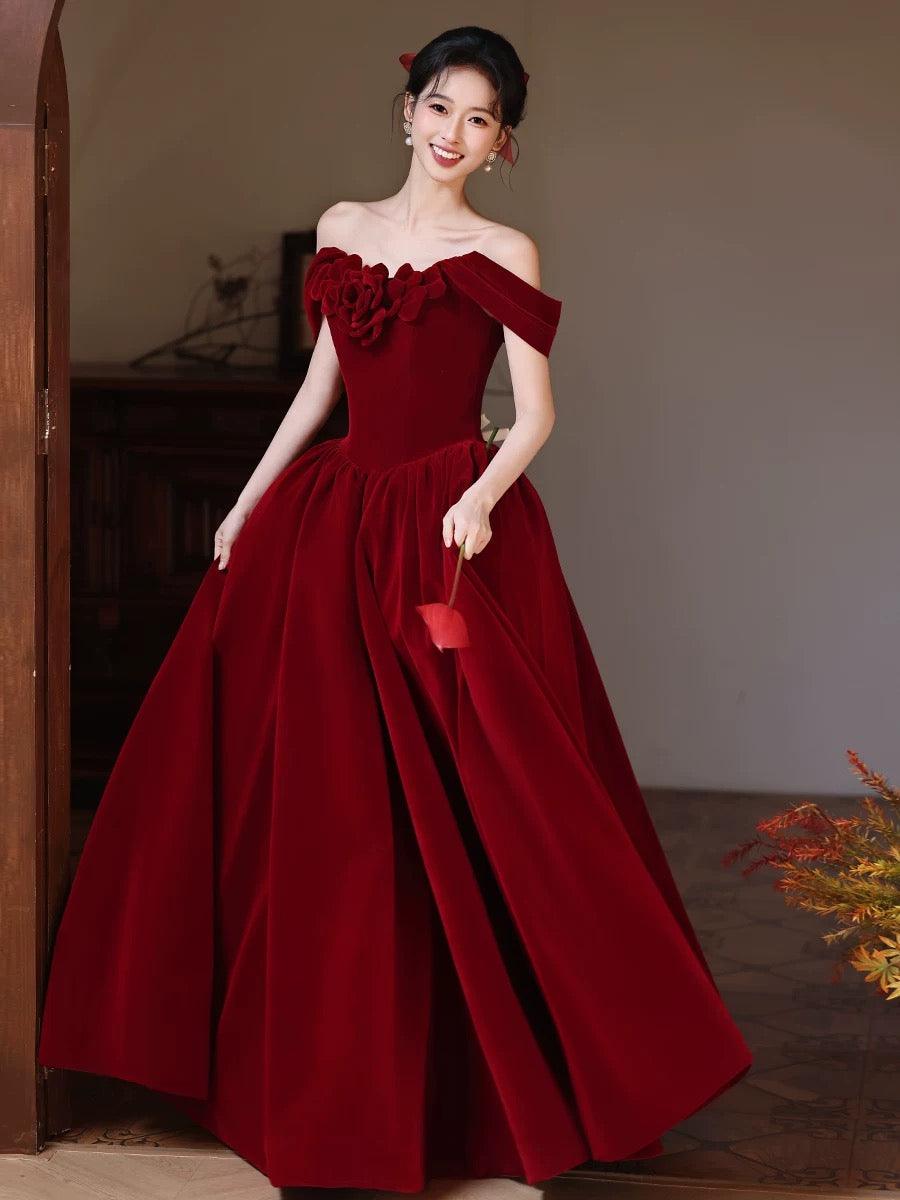 A-Line Sweetheart Neck Off Shoulder Floor Length Burgundy Formal Prom Dresses Secondary image