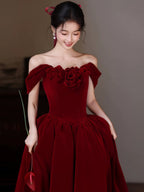 A-Line Sweetheart Neck Off Shoulder Floor Length Burgundy Formal Prom Dresses