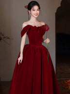 A-Line Sweetheart Neck Off Shoulder Floor Length Burgundy Formal Prom Dresses