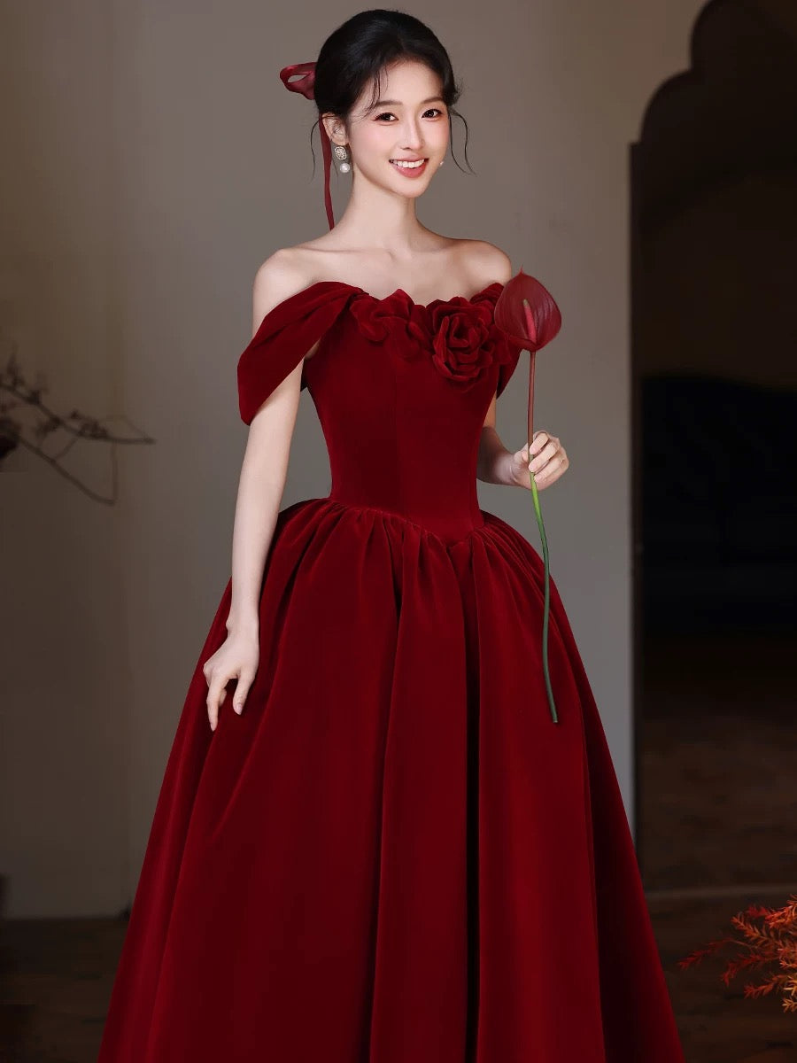 A-Line Sweetheart Neck Off Shoulder Floor Length Burgundy Formal Prom Dresses