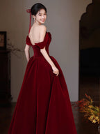 A-Line Sweetheart Neck Off Shoulder Floor Length Burgundy Formal Prom Dresses