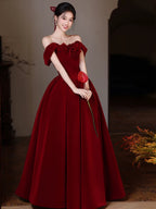 A-Line Sweetheart Neck Off Shoulder Floor Length Burgundy Formal Prom Dresses