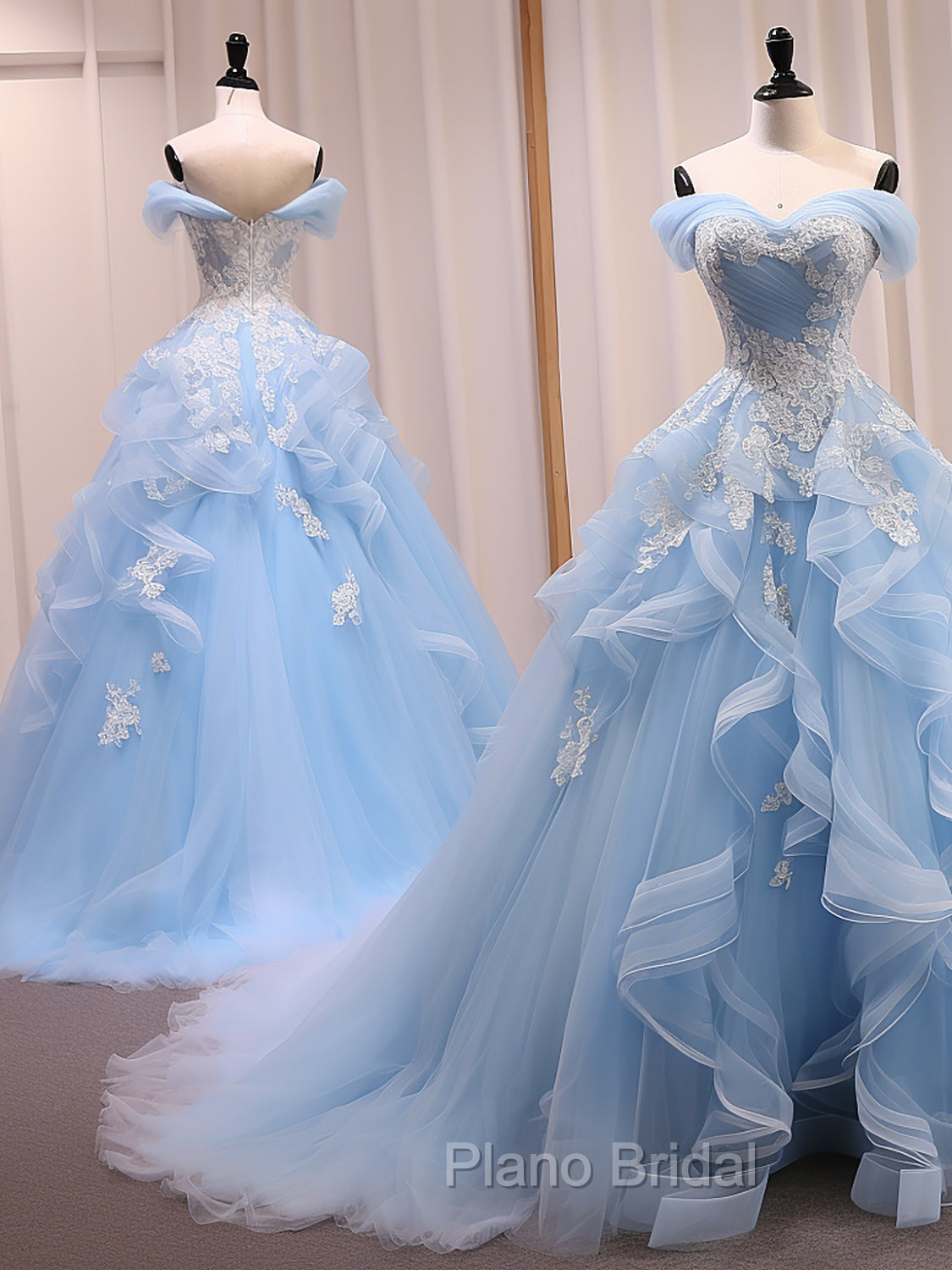 A-Line Sweetheart Neck Off Shoulder Tulle Lace Blue Long Formal Prom Dresses, Blue Sweet 16 Dresses Secondary image