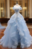 A-Line Sweetheart Neck Off Shoulder Tulle Lace Blue Long Formal Prom Dresses, Blue Sweet 16 Dresses