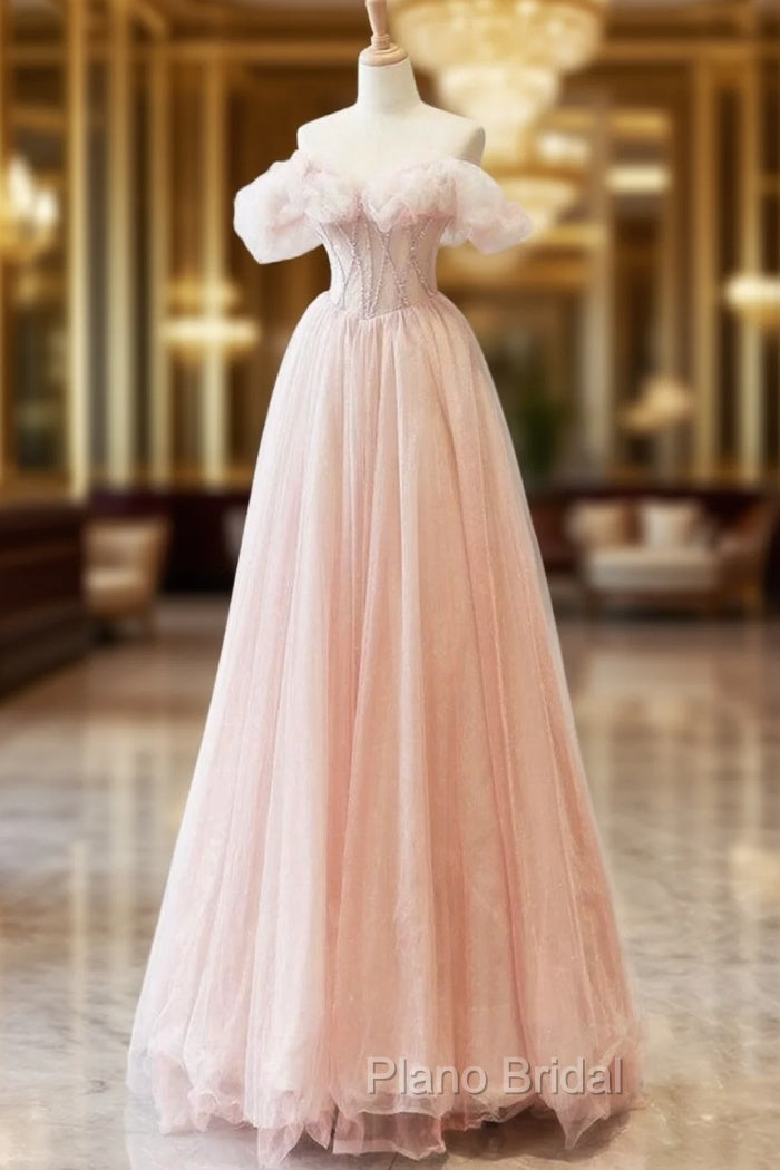 A-Line Sweetheart Neck Off Shoulder Tulle Pink Long Formal Prom Dresses, Pink Long Formal Dresses Main image