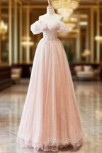 A-Line Sweetheart Neck Off Shoulder Tulle Pink Long Formal Prom Dresses, Pink Long Formal Dresses